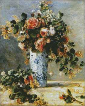 Roses and Jasmine in a Delft Vase - Click Image to Close