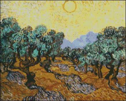 Olive Trees with Yellow Sky and Sun - Click Image to Close